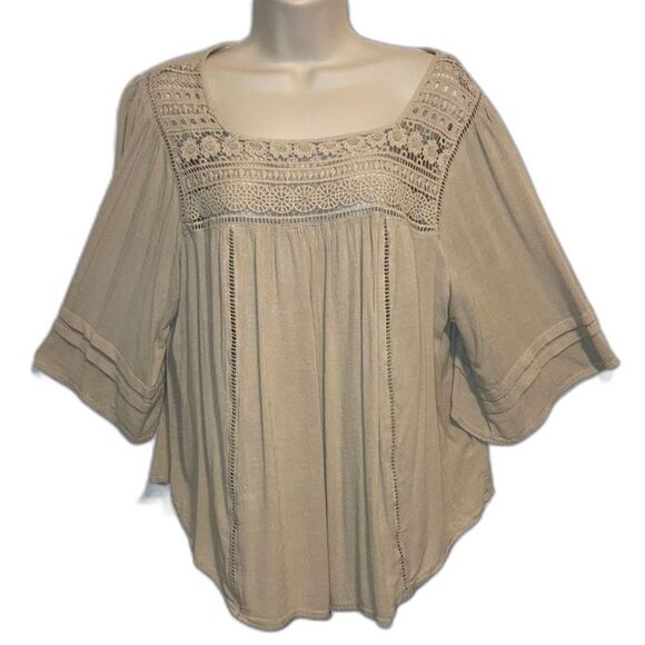 JOHN PAUL RICHARD Bell Sleeve Pullover Top Crochet Neckline Womens Medium - Picture 1 of 12